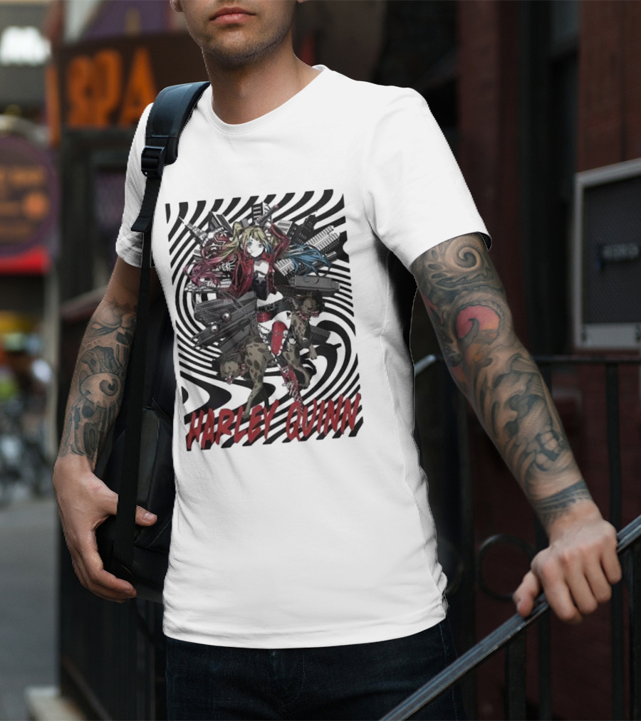 HARLEY QUINN Black And White Spiral With Hyenas T-Shirt