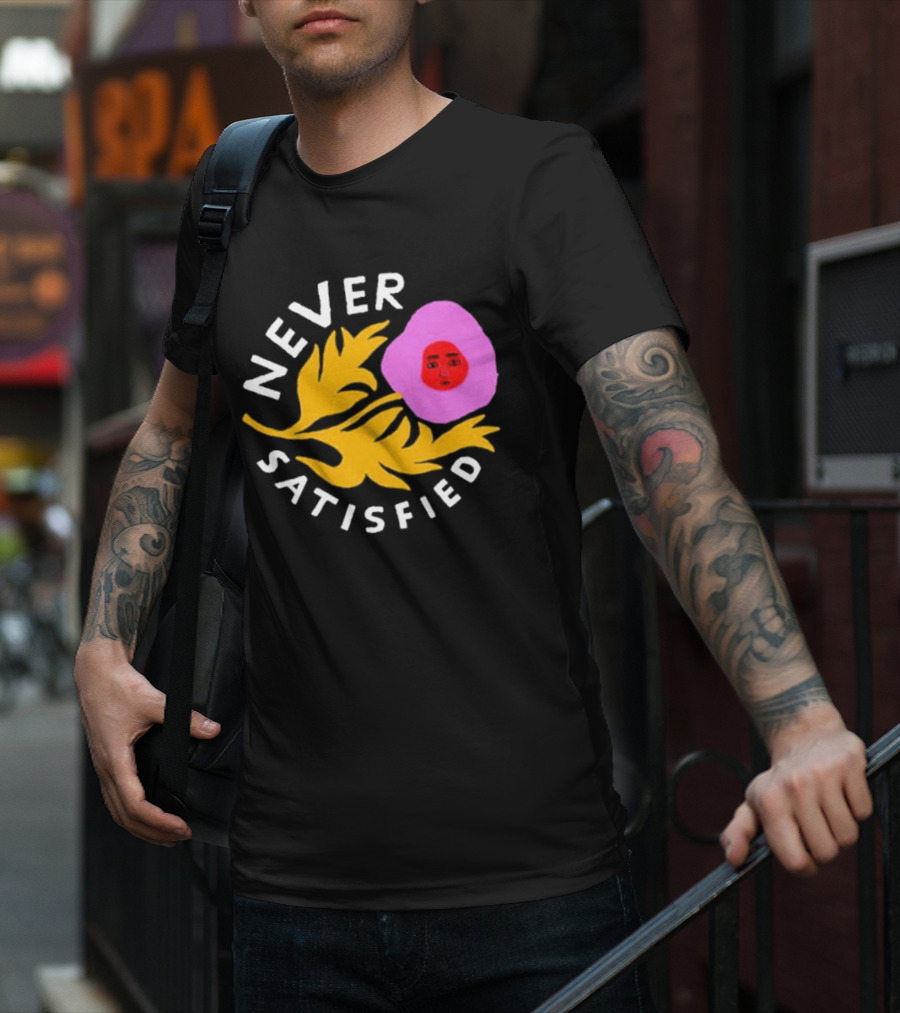 Never Satisfied Pink Mask Face With Yellow Leaves T-Shirt