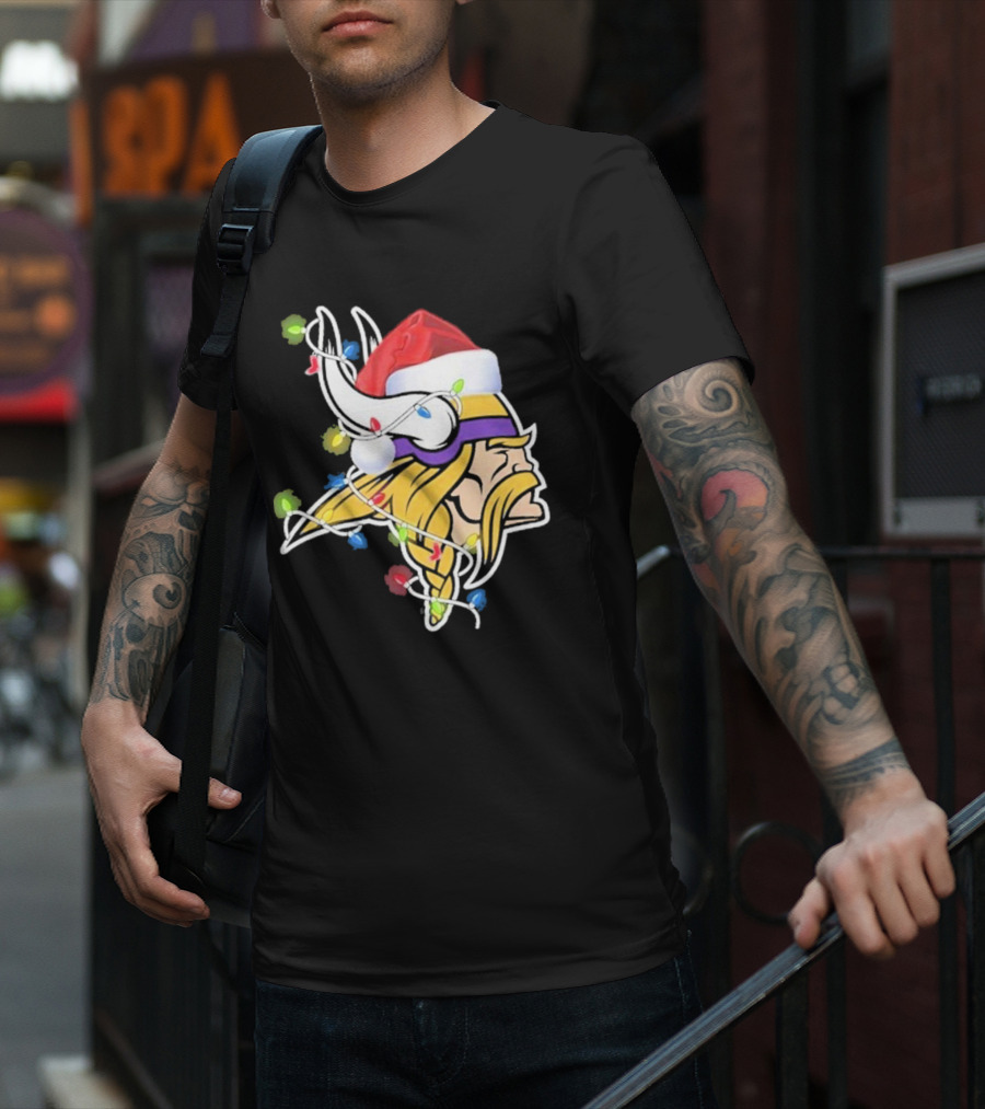 Minnesota Vikings Merry Christmas 2D Santa Hat Lights T-Shirt