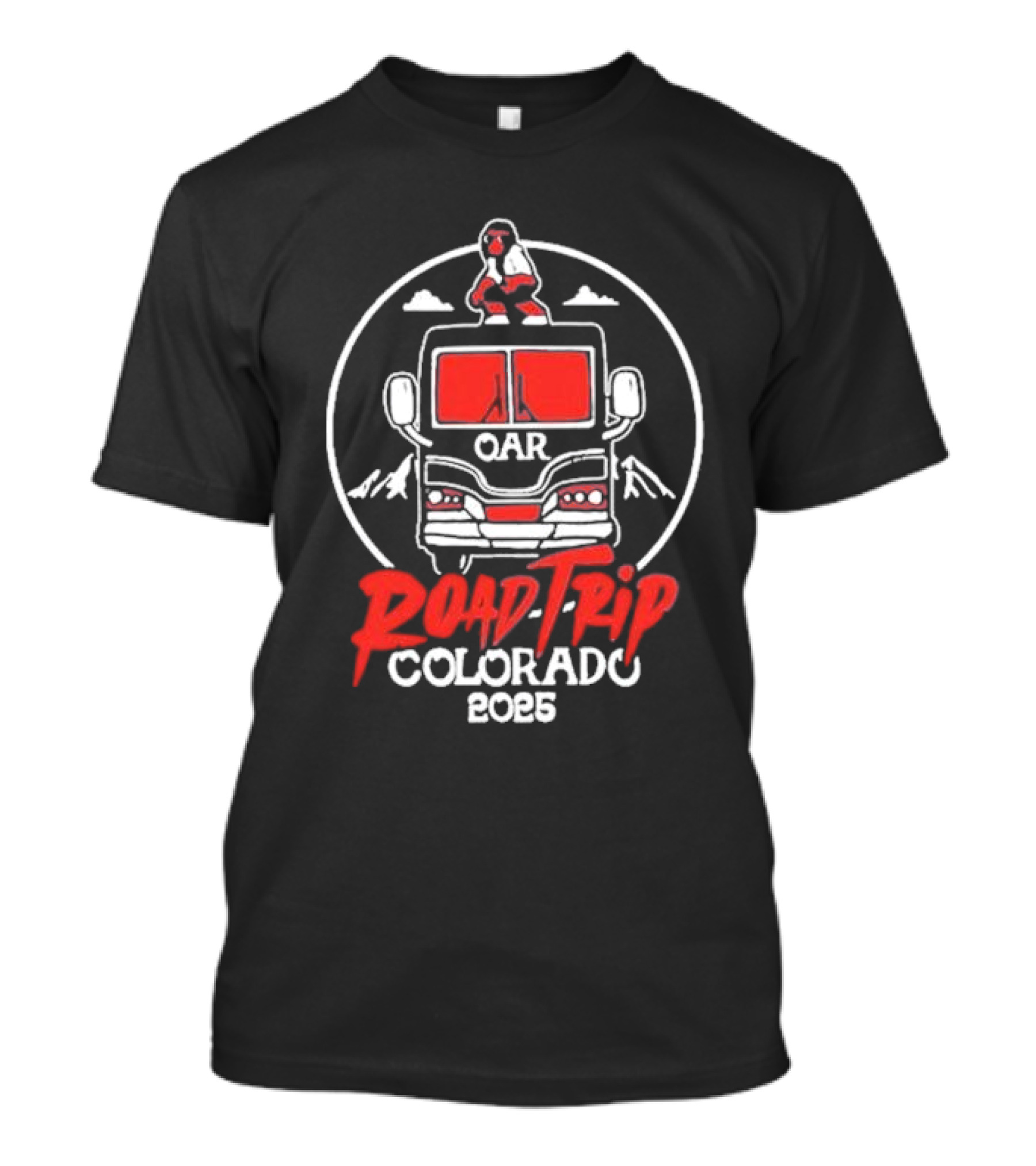 OAR Road Trip Colorado 2025 Bus Adventure With Mountains And Standing Character T-Shirt
