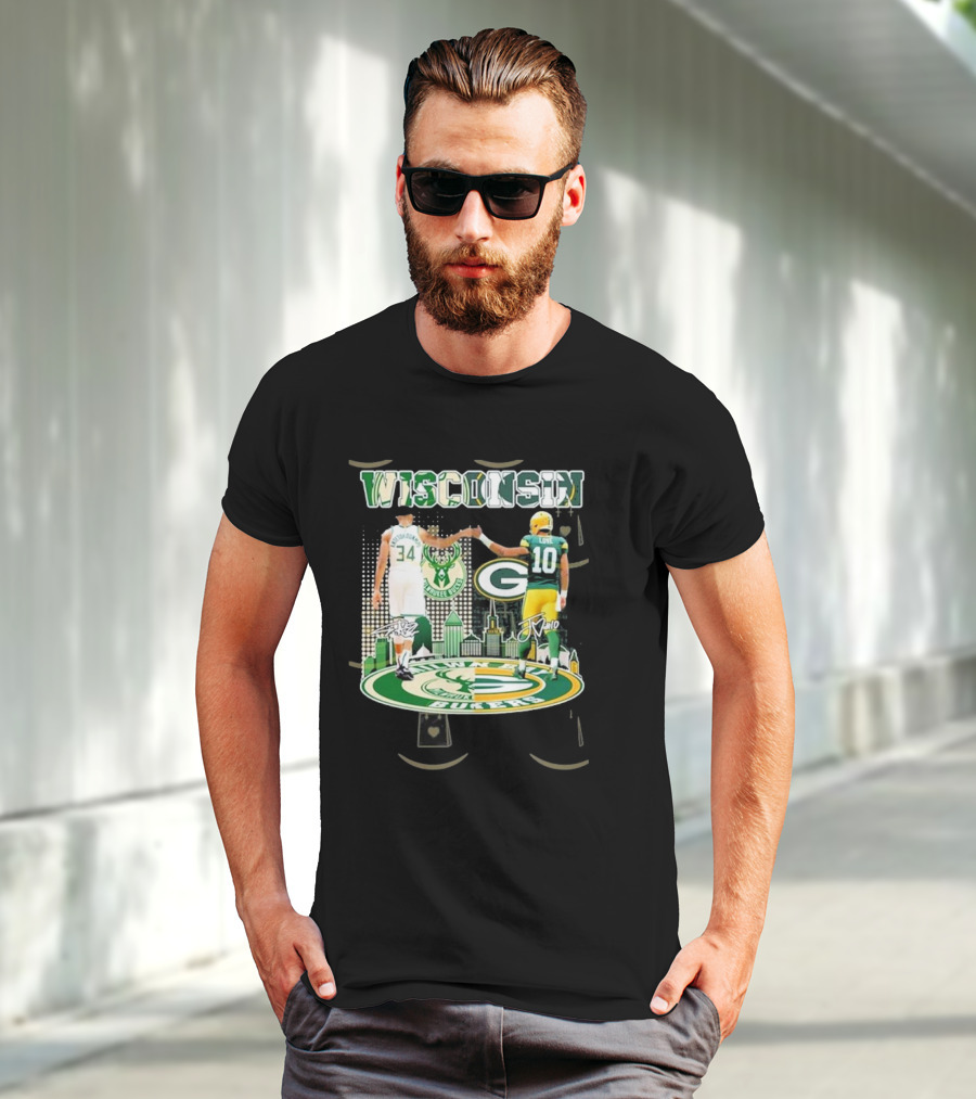 Wisconsin Milwaukee Bucks Green Bay Packers Iconic Duo Signature T-Shirt
