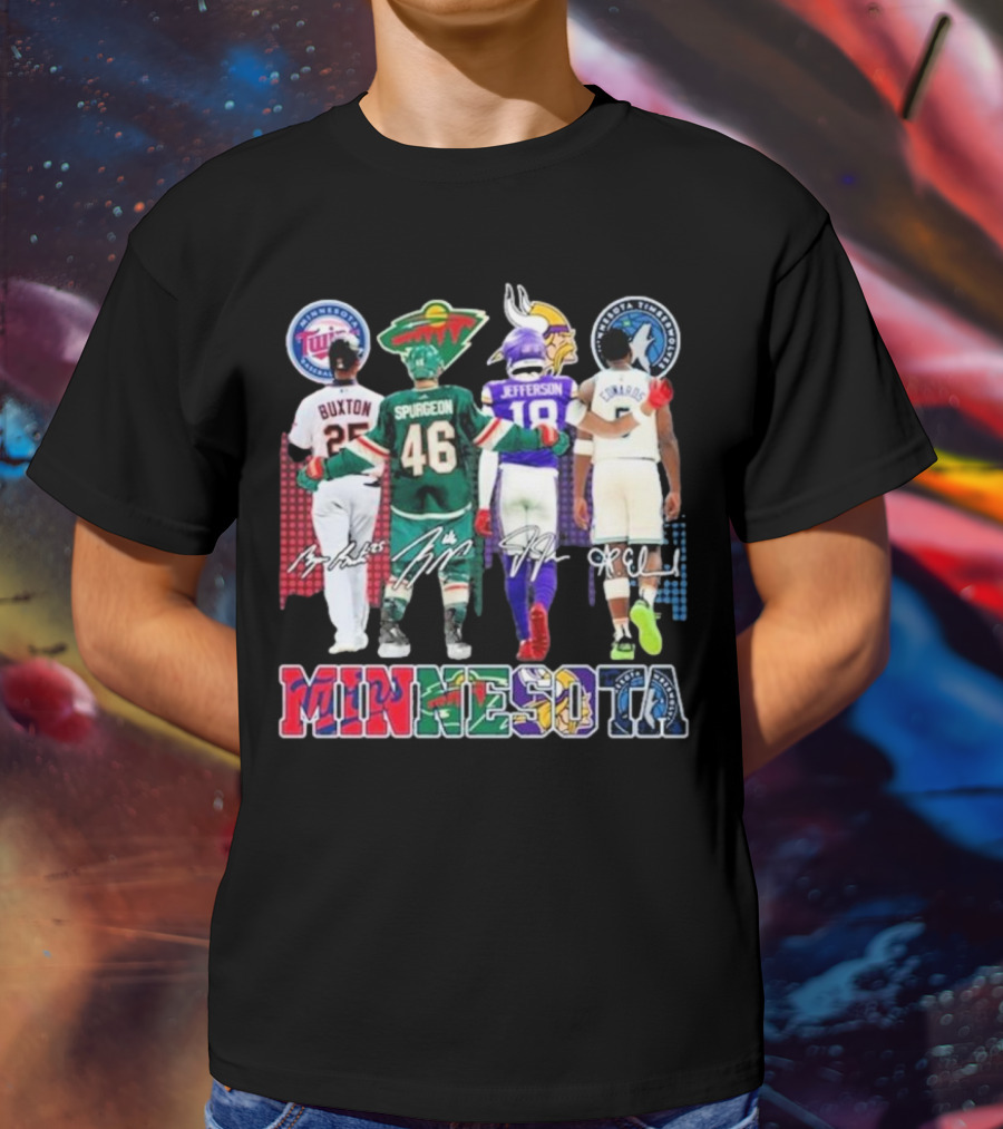 Minnesota Twins Buxton Minnesota Wild Spurgeon Minnesota Vikings Jefferson Minnesota Timberwolves Edwards Signature T-Shirt