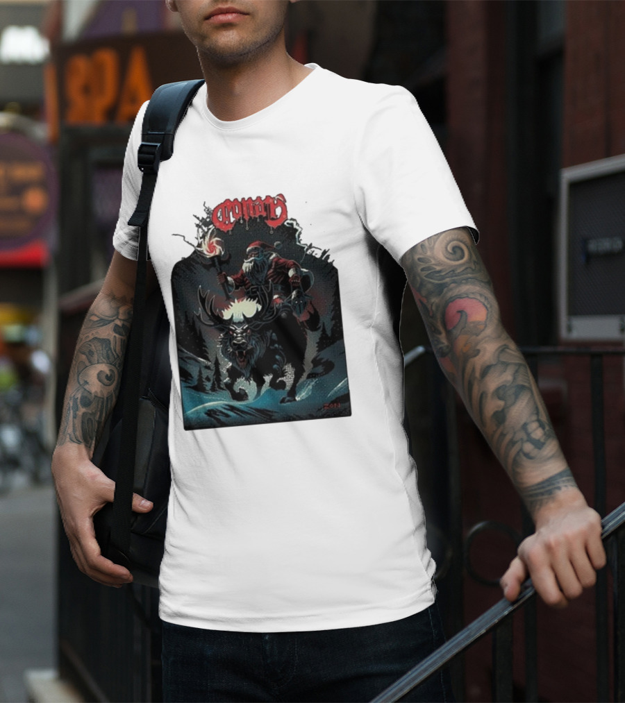 Conan Merry Chrushmas Santa Riding Mythical Beast Torch Dark Forest Scene T-Shirt