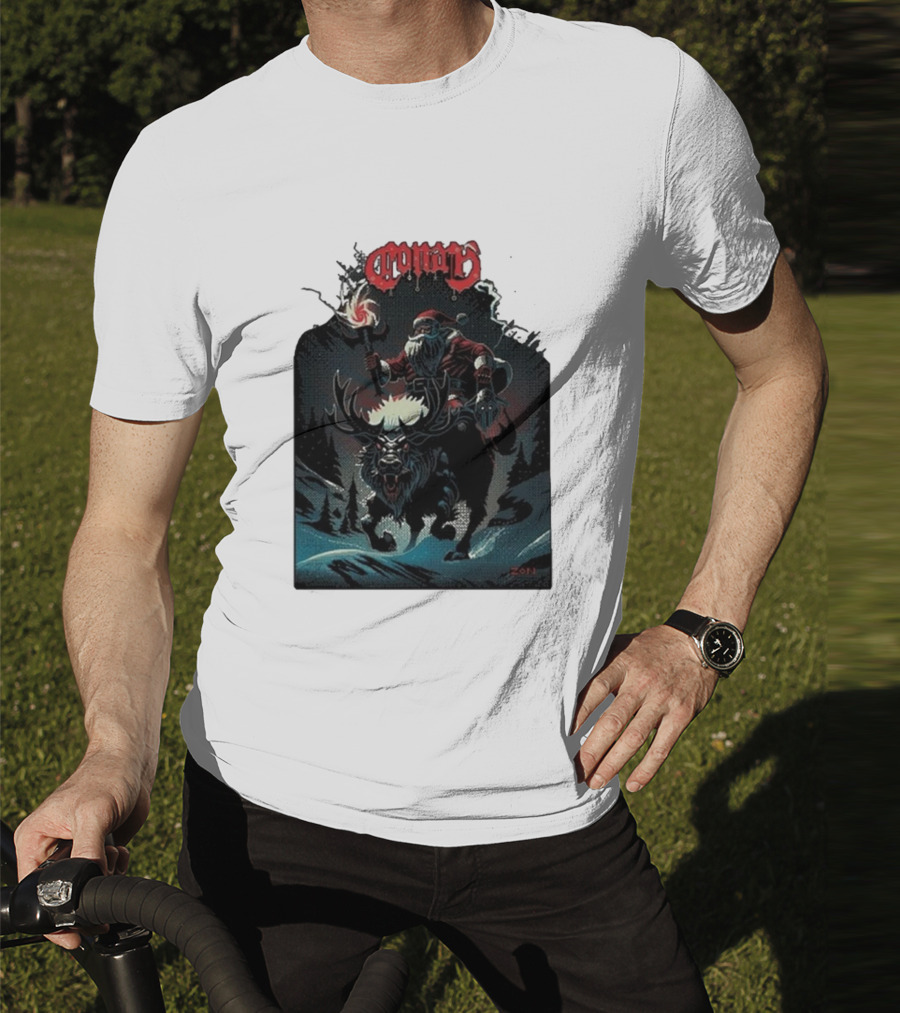 Conan Merry Chrushmas Santa Riding Mythical Beast Torch Dark Forest Scene T-Shirt