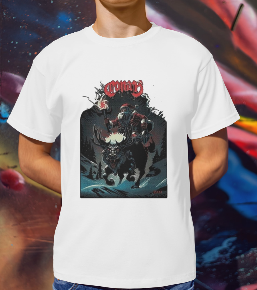 Conan Merry Chrushmas Santa Riding Mythical Beast Torch Dark Forest Scene T-Shirt