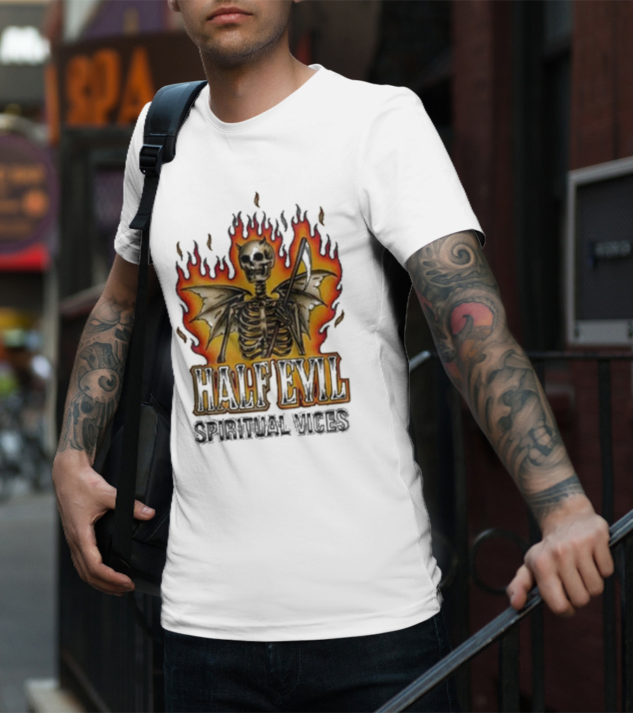 Half Evil Spiritual Vices Flaming Winged Skeleton T-Shirt