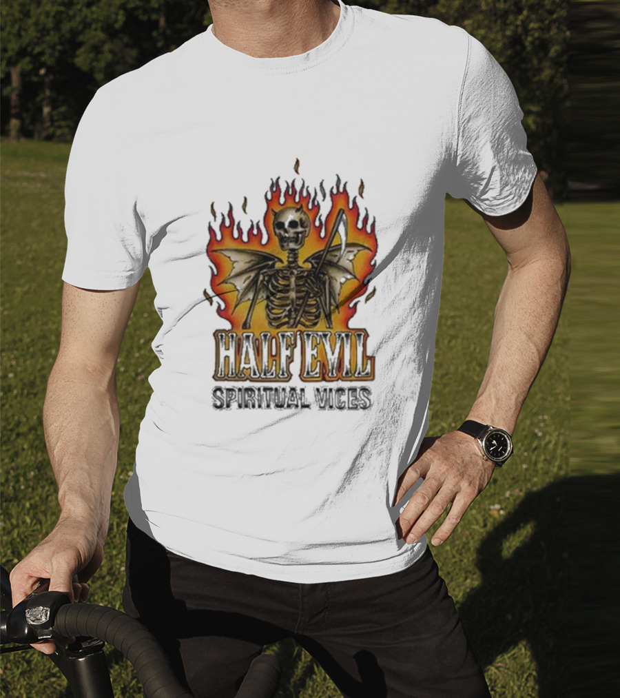 Half Evil Spiritual Vices Flaming Winged Skeleton T-Shirt