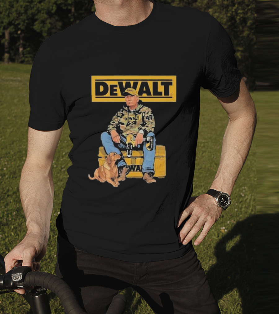 DEWALT Toolbox Camouflage Jacket 47 Sitting On Toolbox With Dog T-Shirt