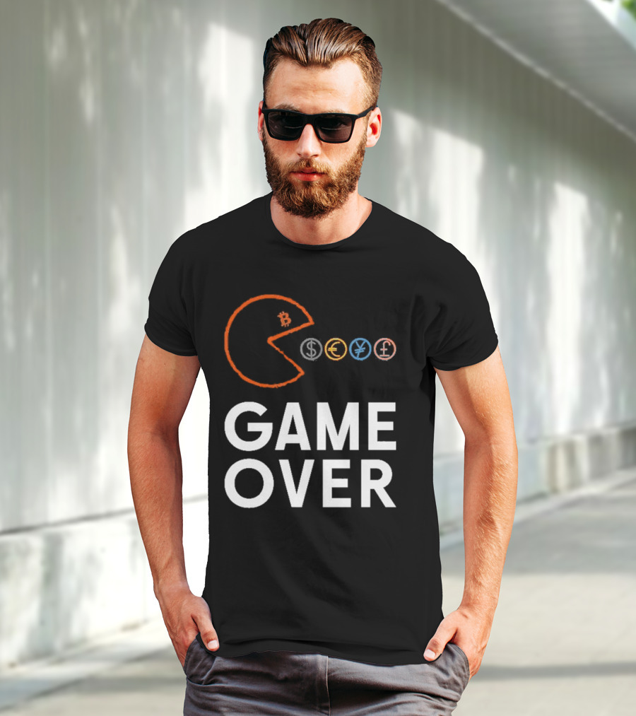 Game Over Bitcoin Pac-Man Eats Dollar Euro Yen Pound T-Shirt