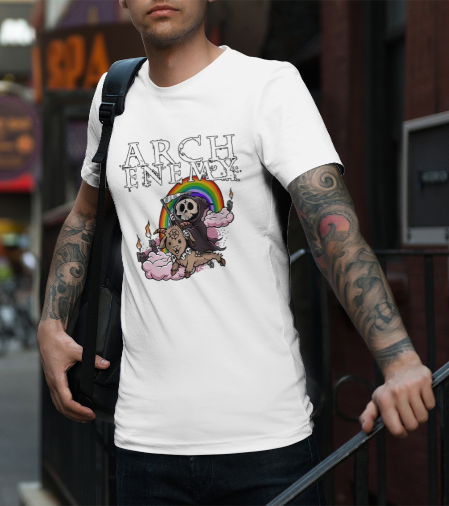 Arch Enemy Rainbow Reaper On Goat With Candles And Clouds T-Shirt