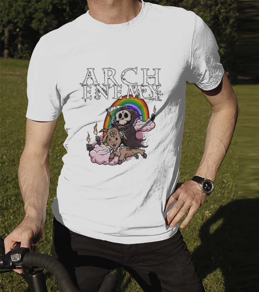 Arch Enemy Rainbow Reaper On Goat With Candles And Clouds T-Shirt