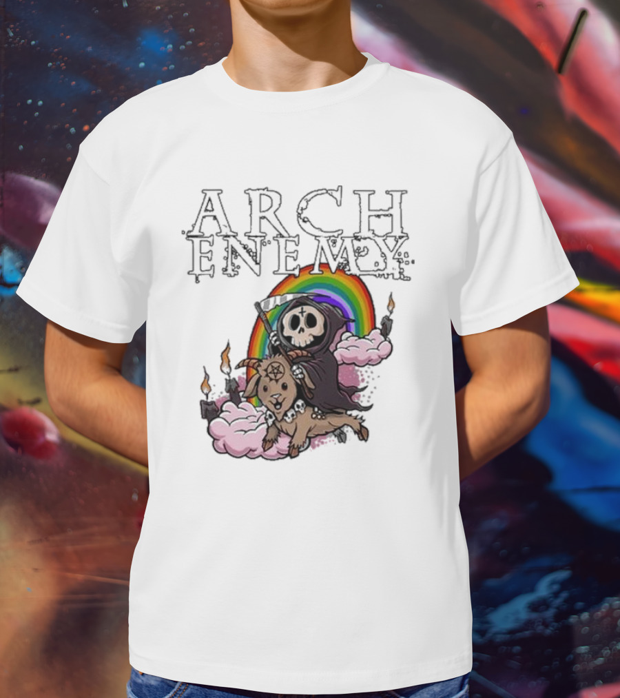 Arch Enemy Rainbow Reaper On Goat With Candles And Clouds T-Shirt