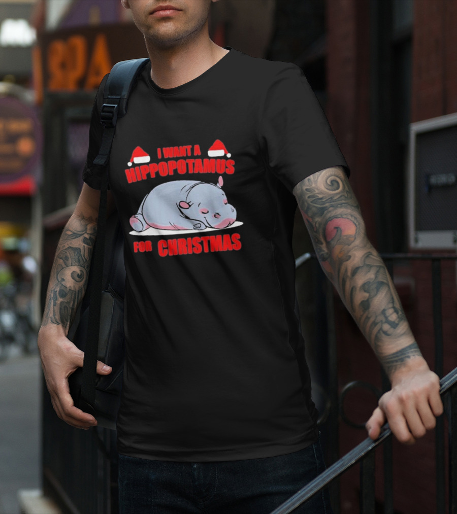 I Want A Hippopotamus For Christmas With Santa Hats T-Shirt