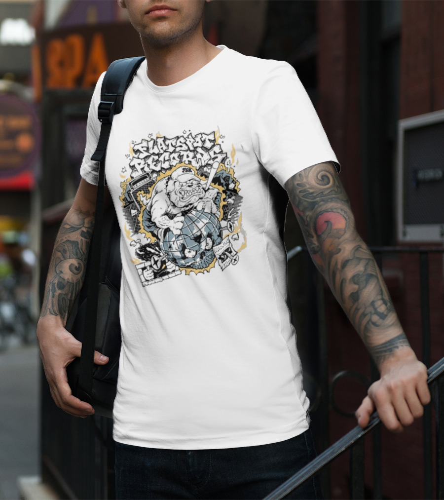 Flatspot Records Bulldog Globe Graffiti Style White T-Shirt