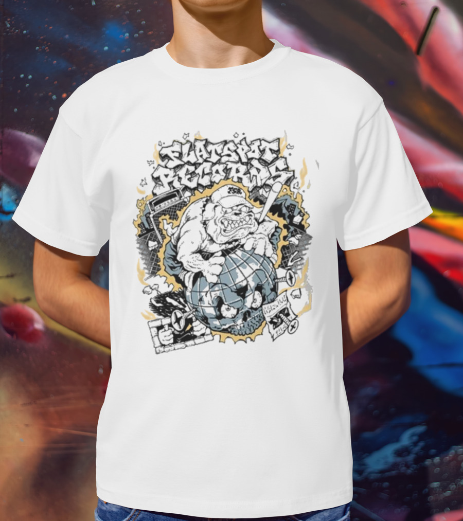 Flatspot Records Bulldog Globe Graffiti Style White T-Shirt