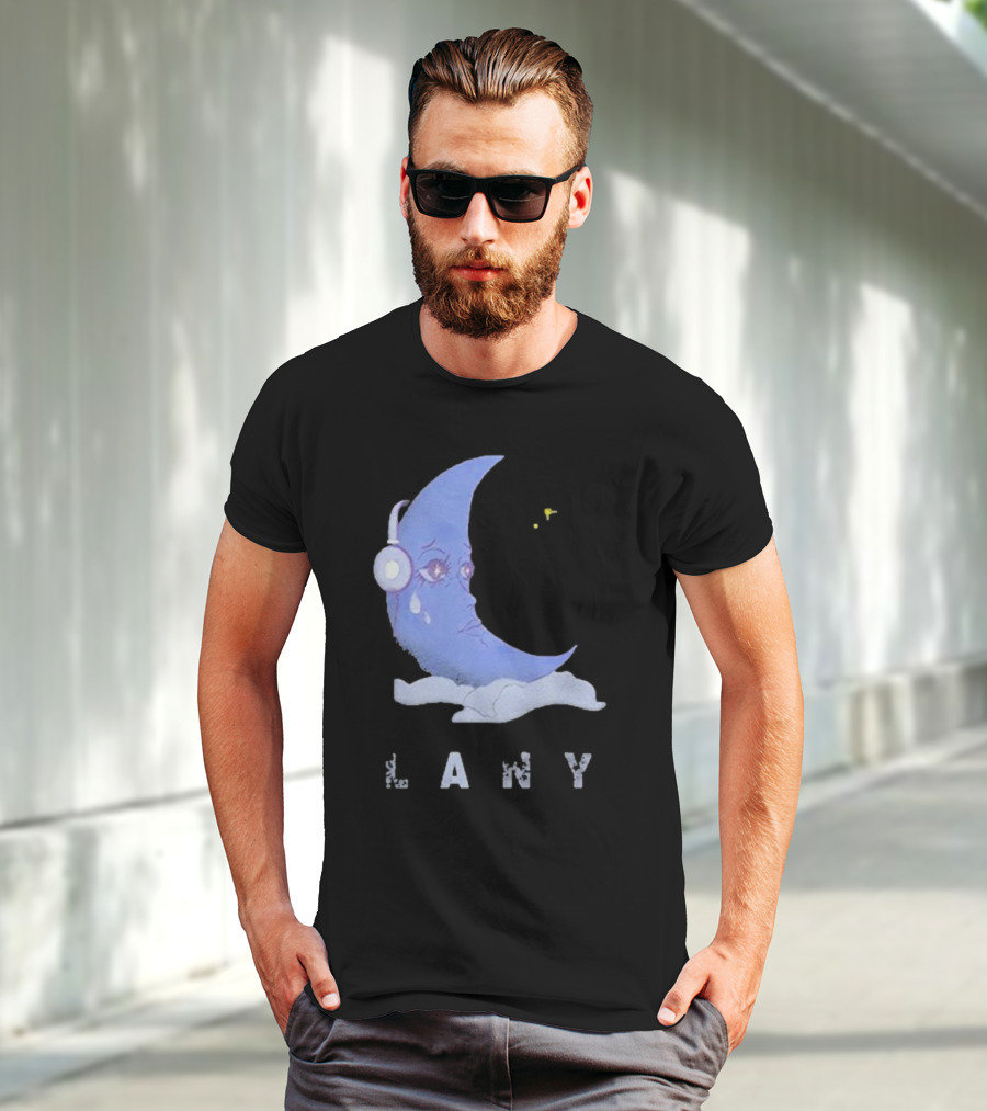 Lany Moon Crying Blue Crescent With Headphones And Clouds T-Shirt