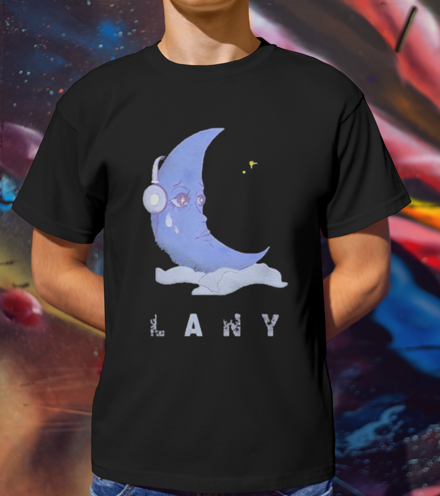 Lany Moon Crying Blue Crescent With Headphones And Clouds T-Shirt