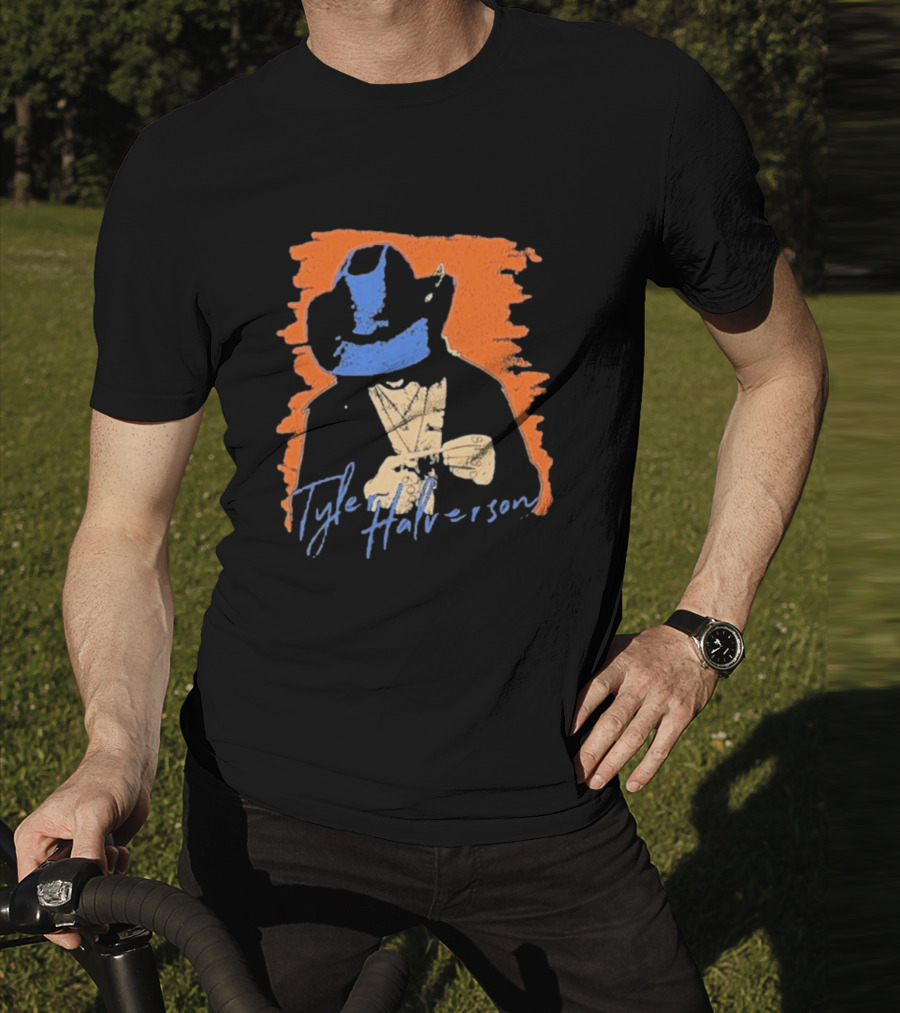 Tyler Halverson Cowboy Hat Blue Bandana Orange Background T-Shirt