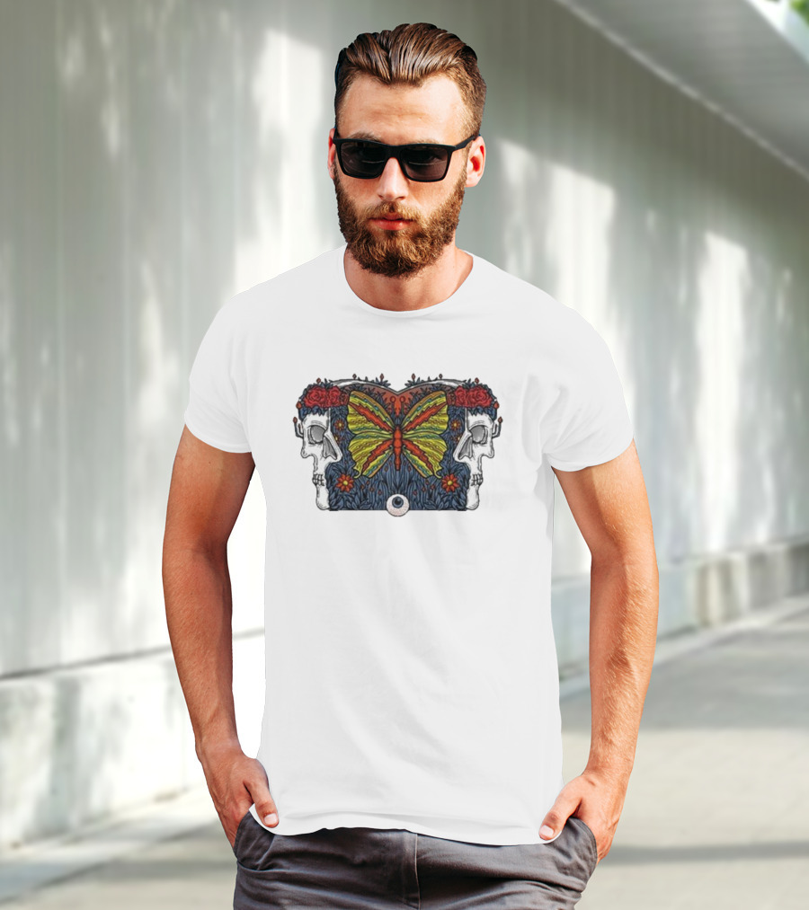 This Old Engine Two Worlds Skull And Butterfly Symmetry With Roses And Floral Elements T-Shirt