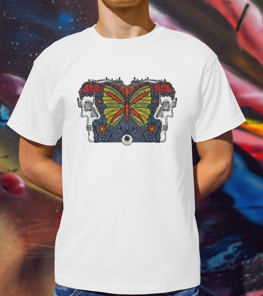 This Old Engine Two Worlds Skull And Butterfly Symmetry With Roses And Floral Elements T-Shirt