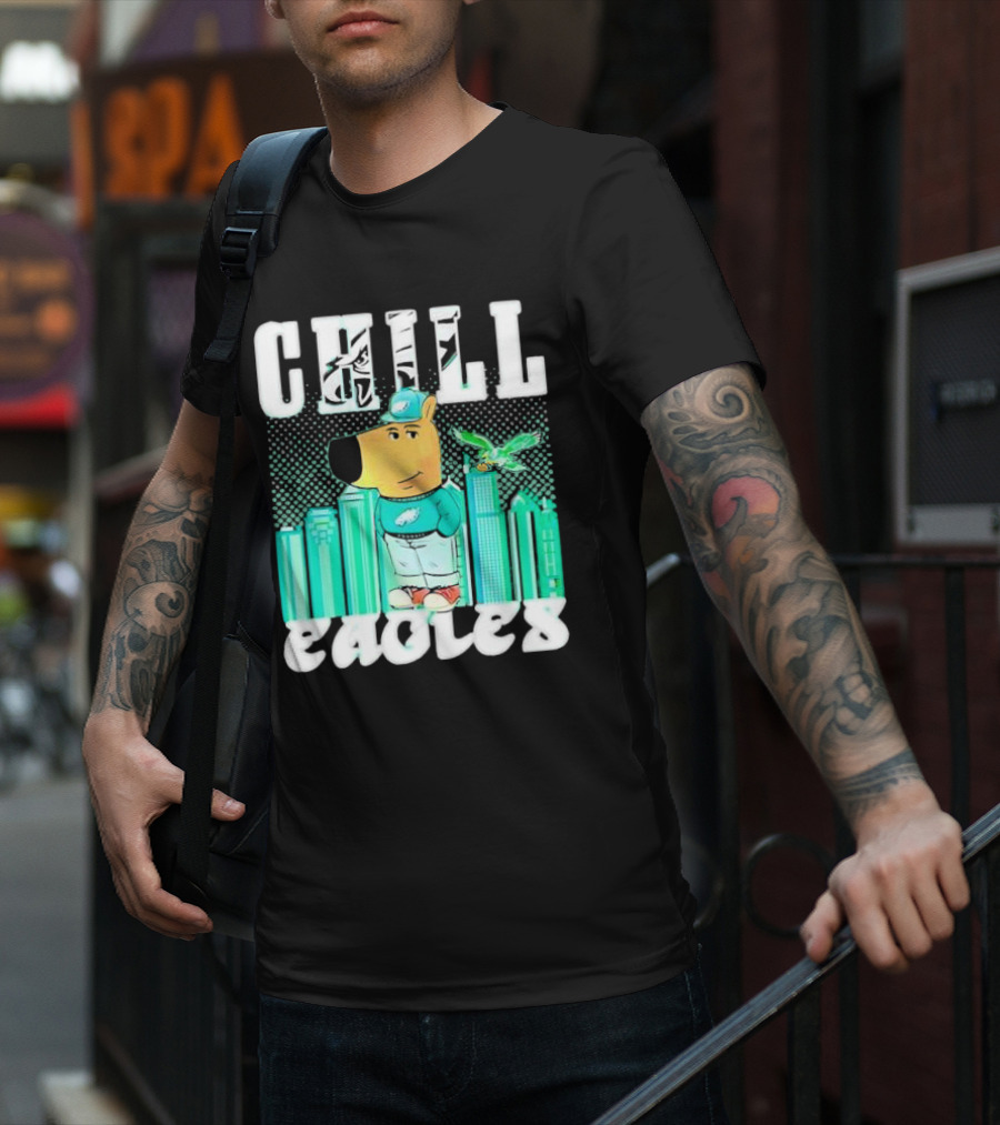 Philadelphia Eagles Chill Character With City Skyline And Cartoon Bird T-Shirt