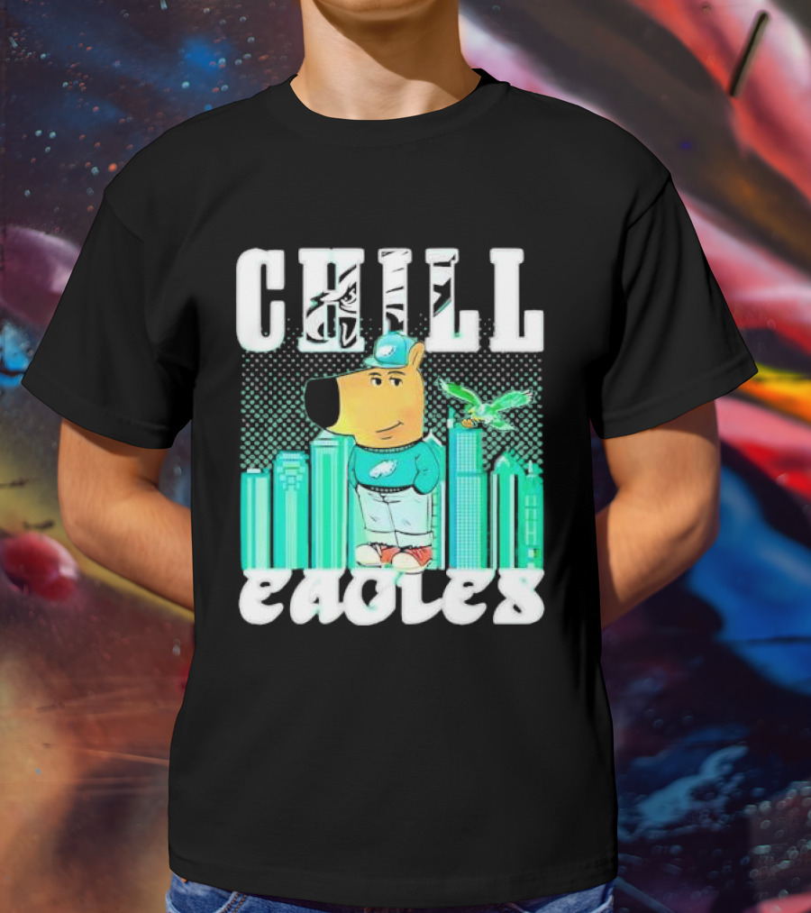 Philadelphia Eagles Chill Character With City Skyline And Cartoon Bird T-Shirt