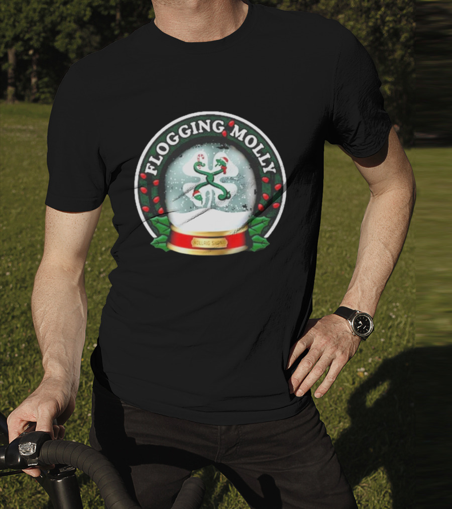Flogging Molly Nollaig Shona Snow Globe With Holly Red Green White T-Shirt