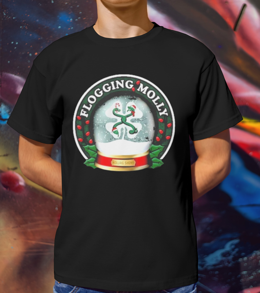 Flogging Molly Nollaig Shona Snow Globe With Holly Red Green White T-Shirt