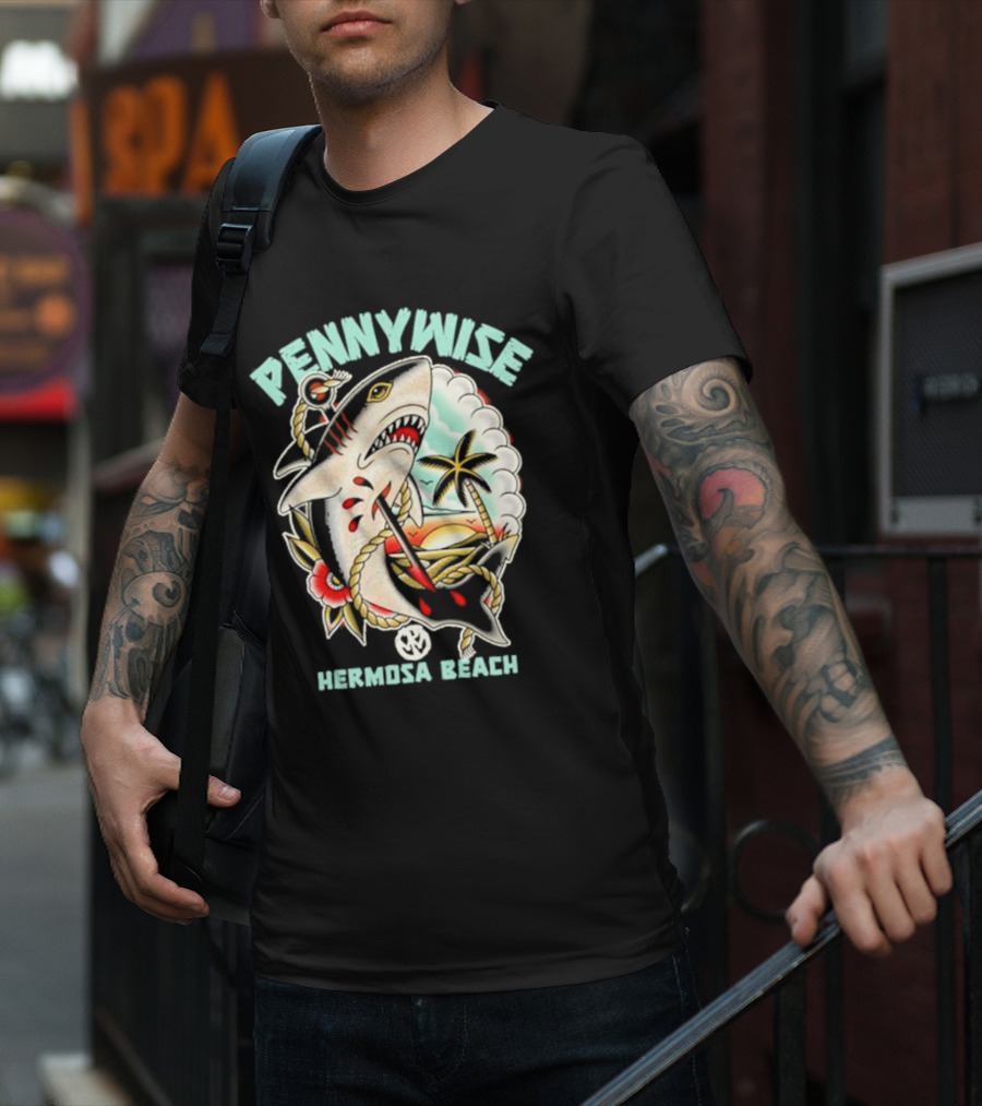 Pennywise Shark Hermosa Beach Sunset Palm Tattoo T-Shirt