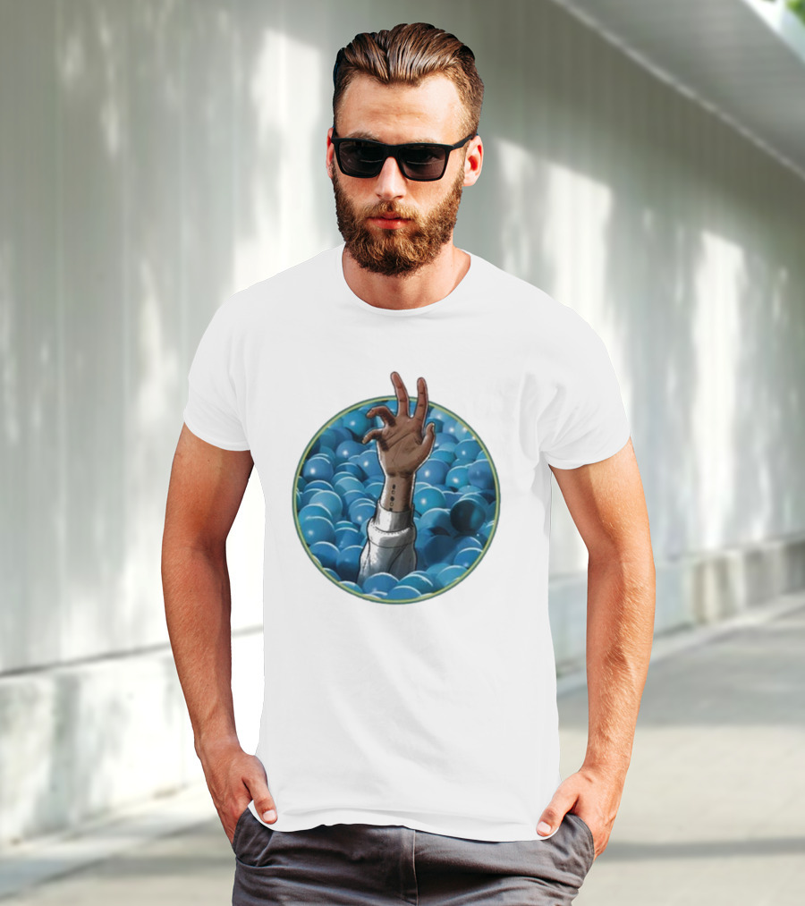 Hand Reaching Out Of Blue Ballpit Sphere T-Shirt