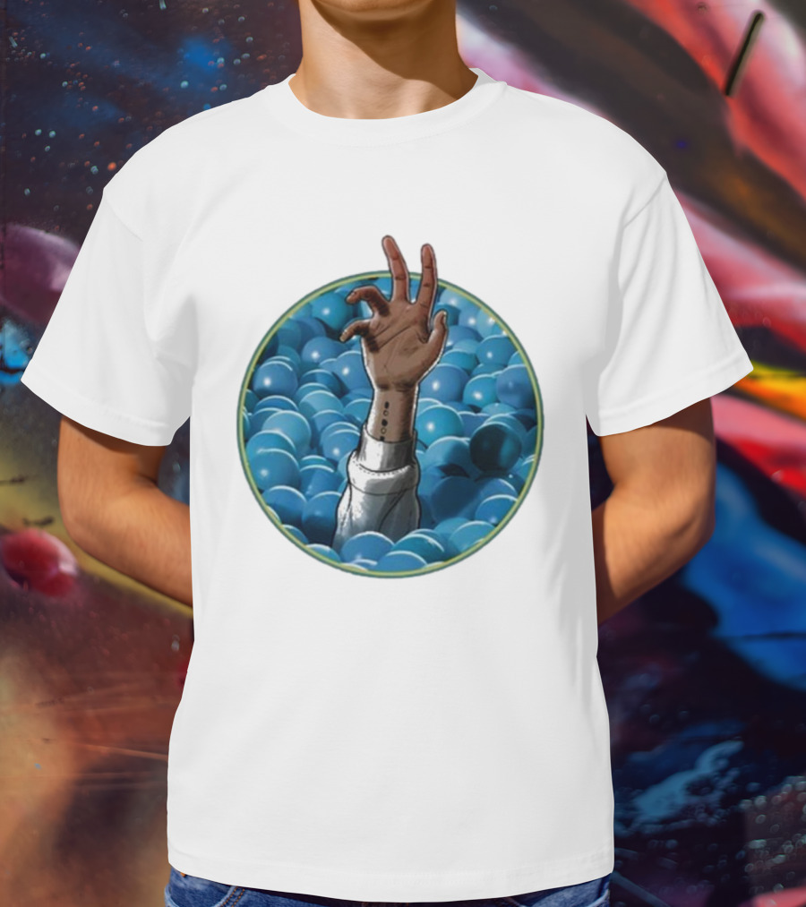 Hand Reaching Out Of Blue Ballpit Sphere T-Shirt