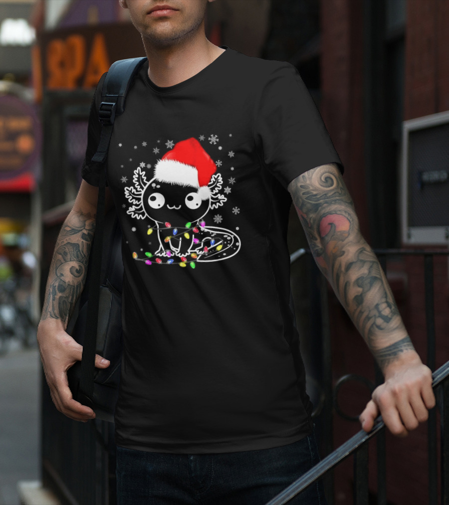 Santa Hat Axolotl Wrapped In Colorful Christmas Lights And Falling Snowflakes T-Shirt