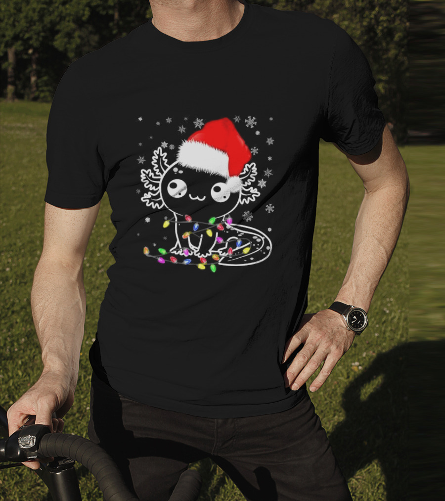Santa Hat Axolotl Wrapped In Colorful Christmas Lights And Falling Snowflakes T-Shirt