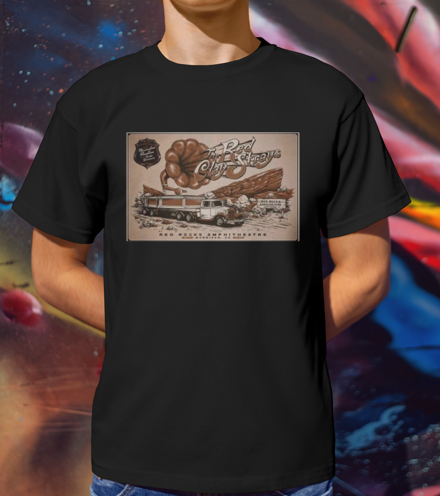 The Red Clay Strays Live At Red Rocks Amphitheatre Morrison CO Sep 14 2025 Vintage Truck And Scenic Rock Formation T-Shirt