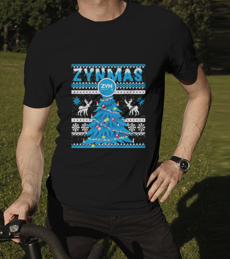 Zynmas ZYN Blue Christmas Tree Reindeer Pattern Snowflakes T-Shirt