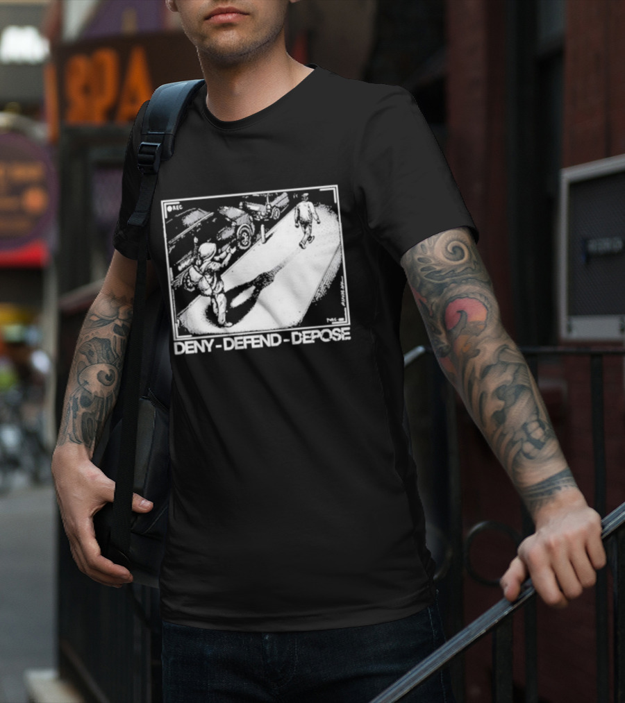 Deny Defend Depose Punk With A Camera Street Confrontation Scene T-Shirt