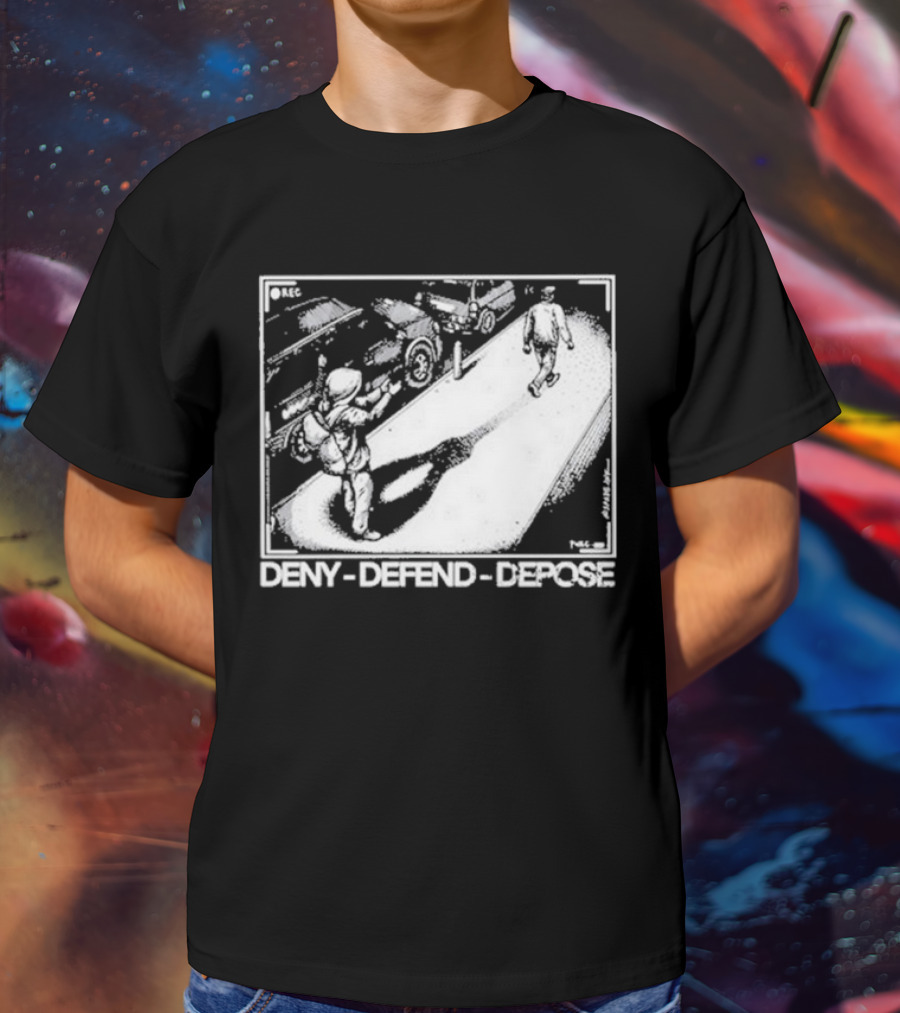 Deny Defend Depose Punk With A Camera Street Confrontation Scene T-Shirt