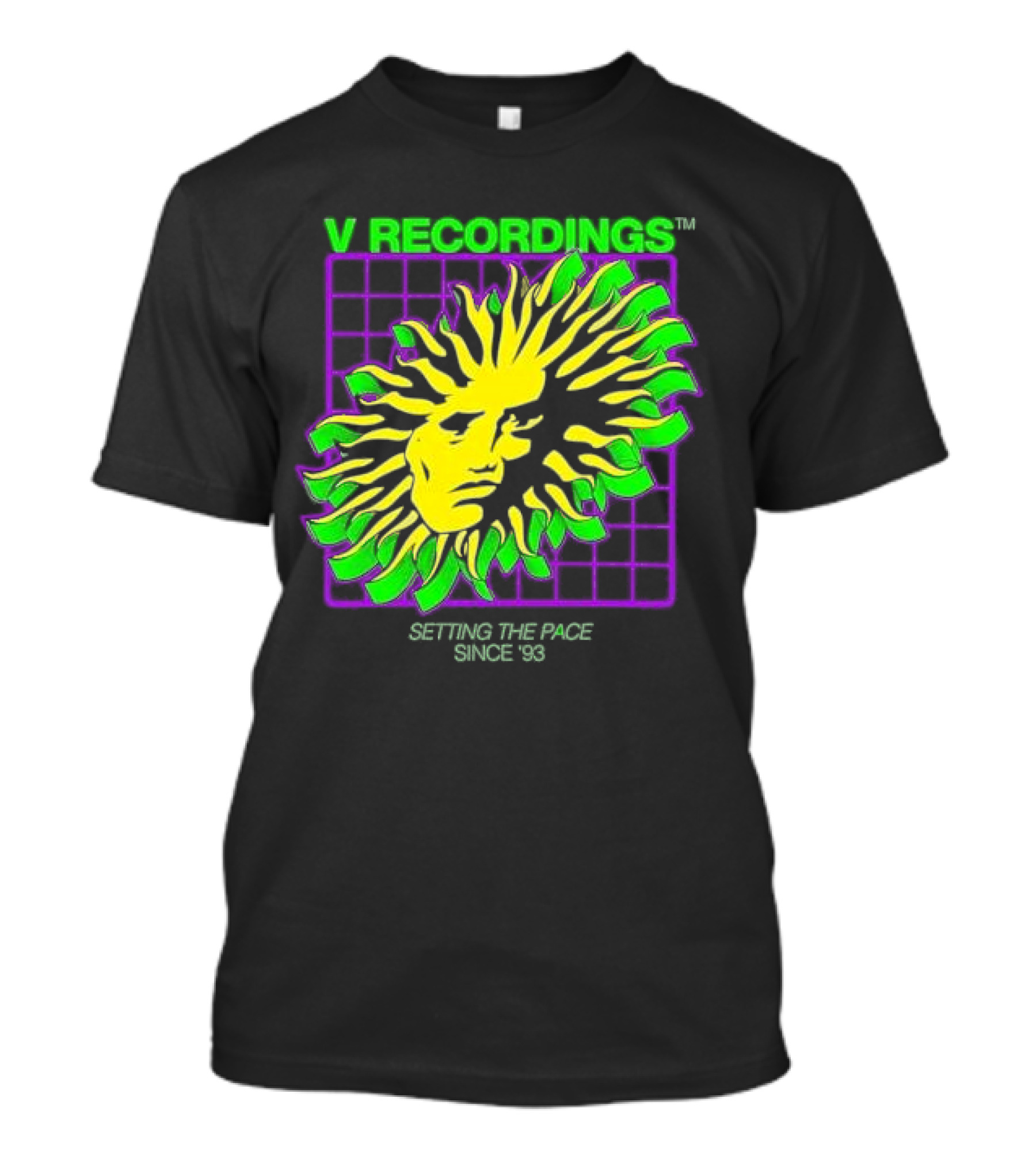 V Recordings Setting The Pace Since 93 Sunburst Face Retro Grid T-Shirt