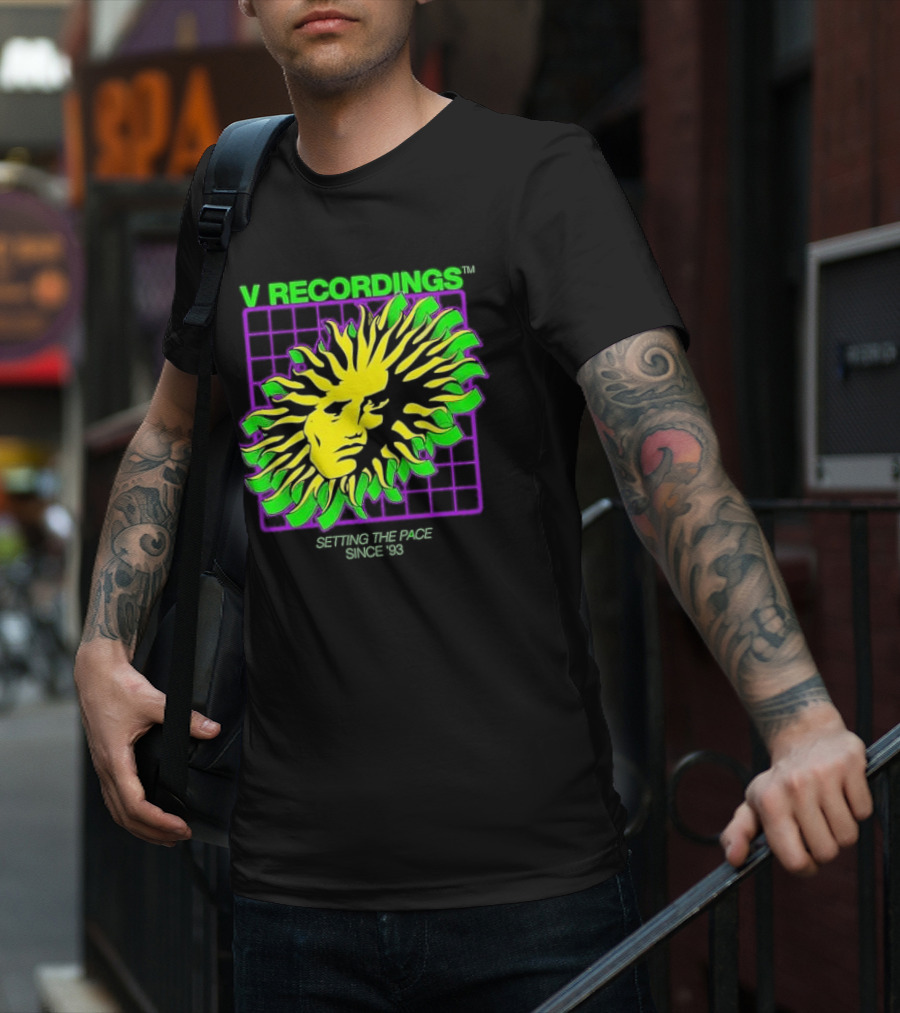 V Recordings Setting The Pace Since 93 Sunburst Face Retro Grid T-Shirt
