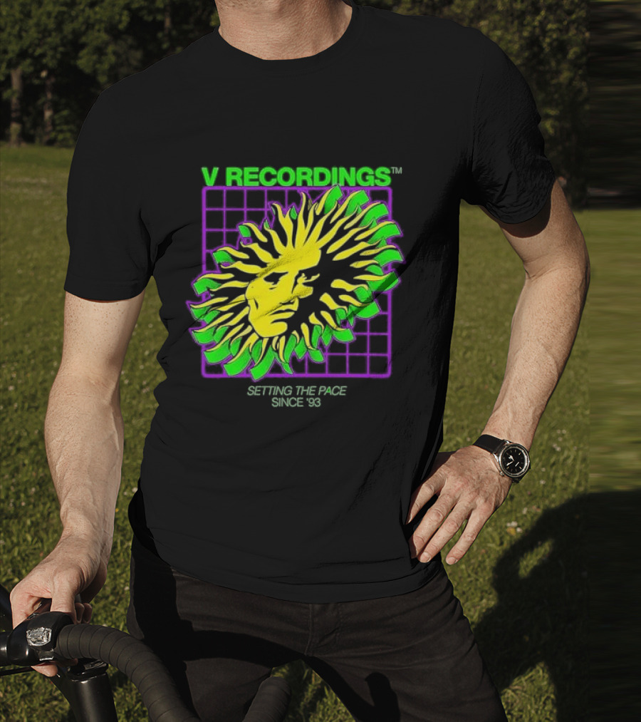 V Recordings Setting The Pace Since 93 Sunburst Face Retro Grid T-Shirt