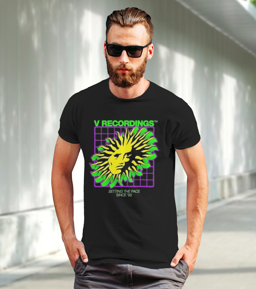 V Recordings Setting The Pace Since 93 Sunburst Face Retro Grid T-Shirt