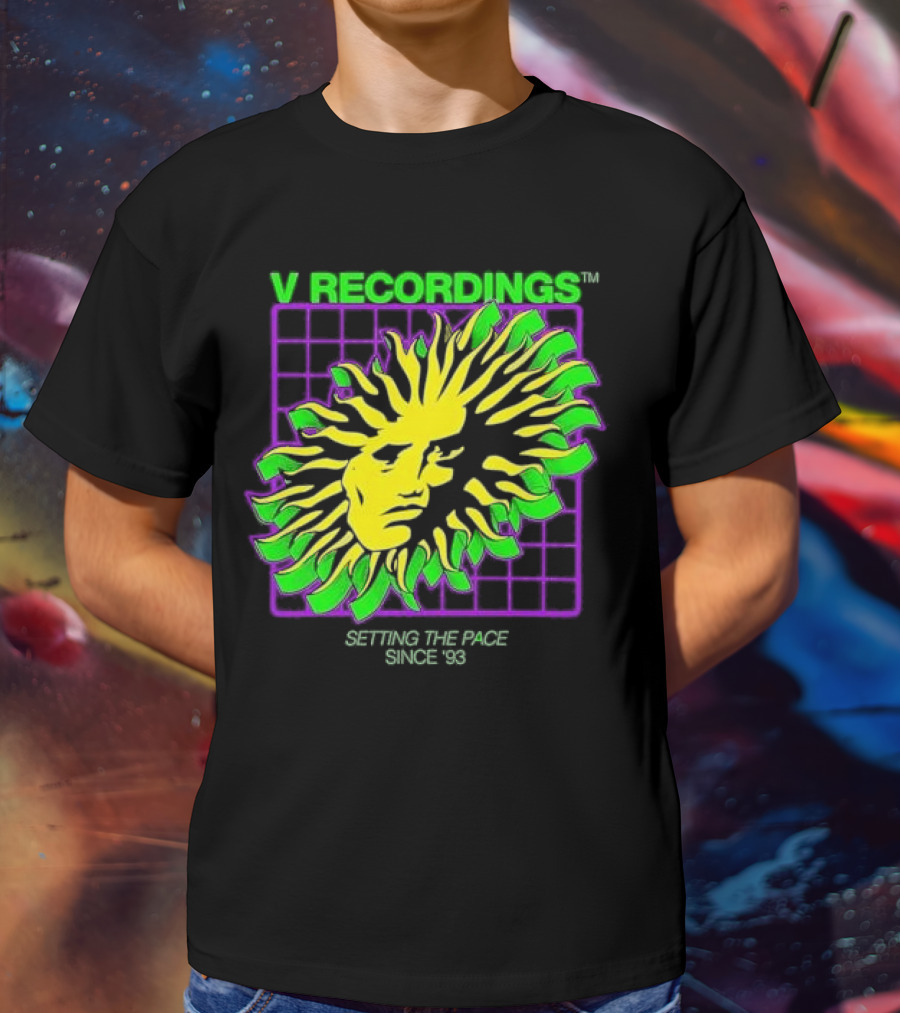 V Recordings Setting The Pace Since 93 Sunburst Face Retro Grid T-Shirt