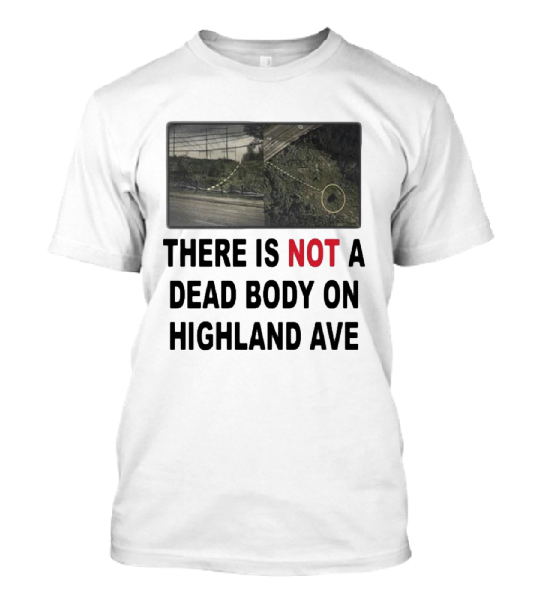 THERE IS NOT A DEAD BODY ON HIGHLAND AVE Image Of Marked Road And Grass With Circle T-Shirt