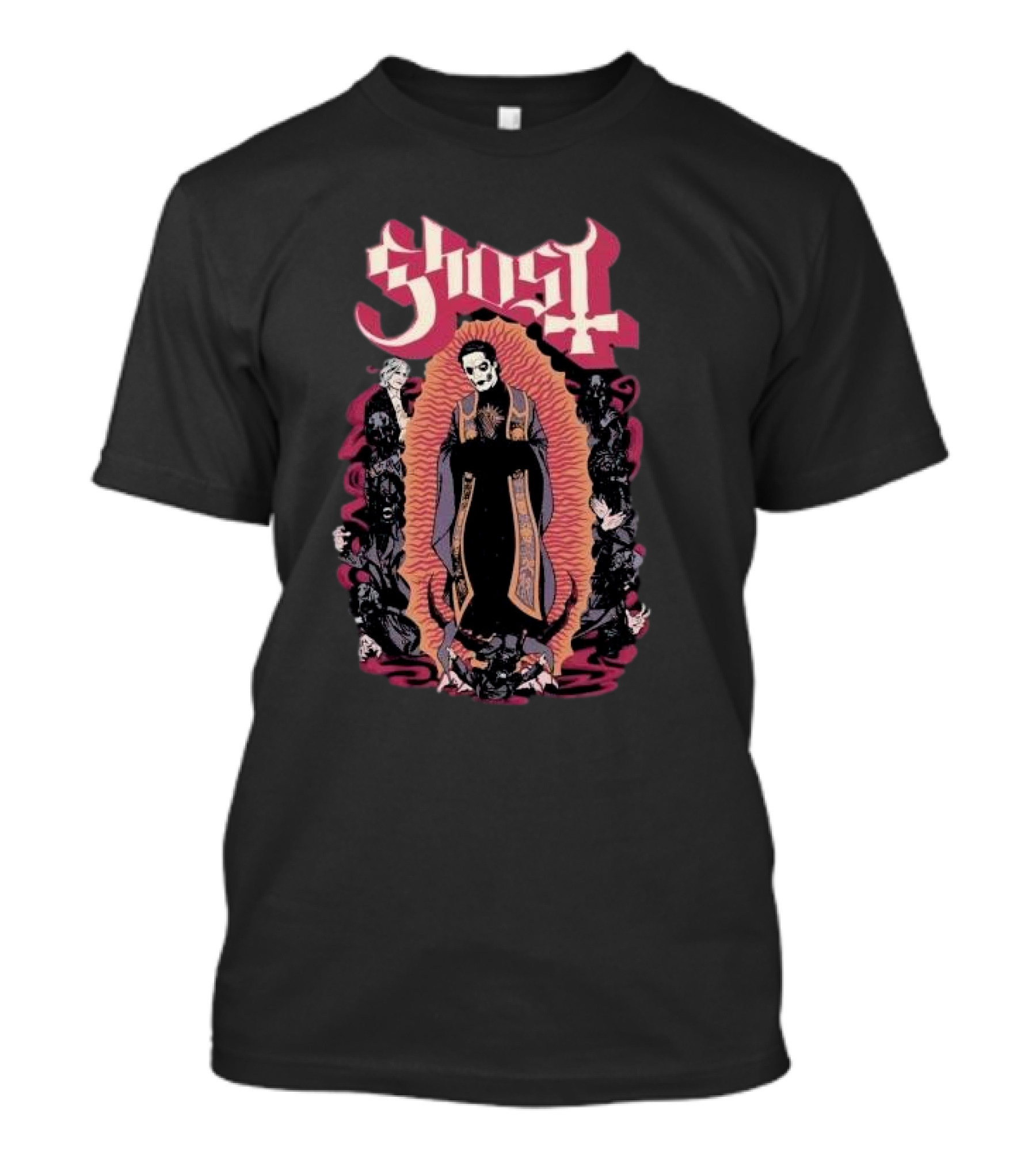 Ghost Ritual Skull Priest With Red Halo And Surrounding Figures T-Shirt