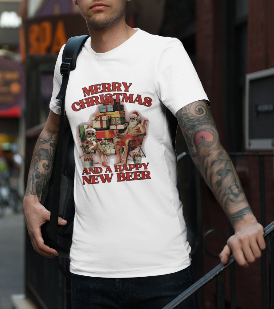 Merry Christmas And A Happy New Beer Skeleton Santa And Elf With Gifts T-Shirt