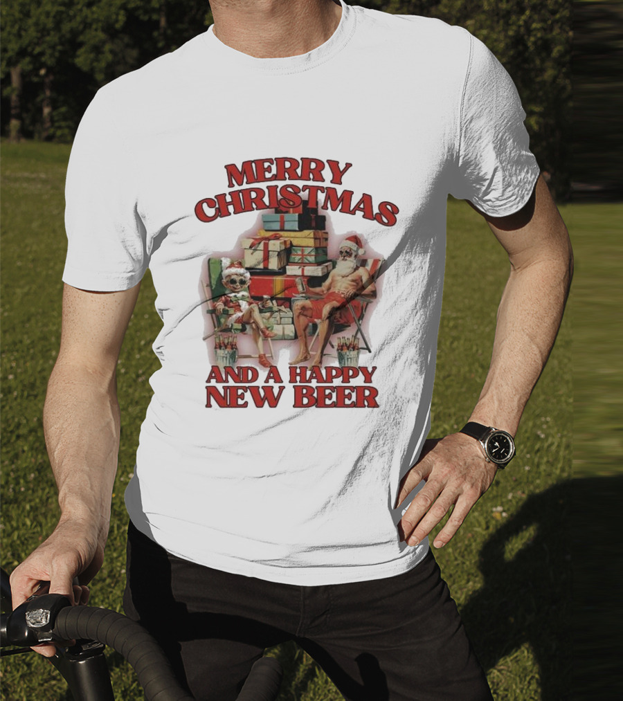 Merry Christmas And A Happy New Beer Skeleton Santa And Elf With Gifts T-Shirt