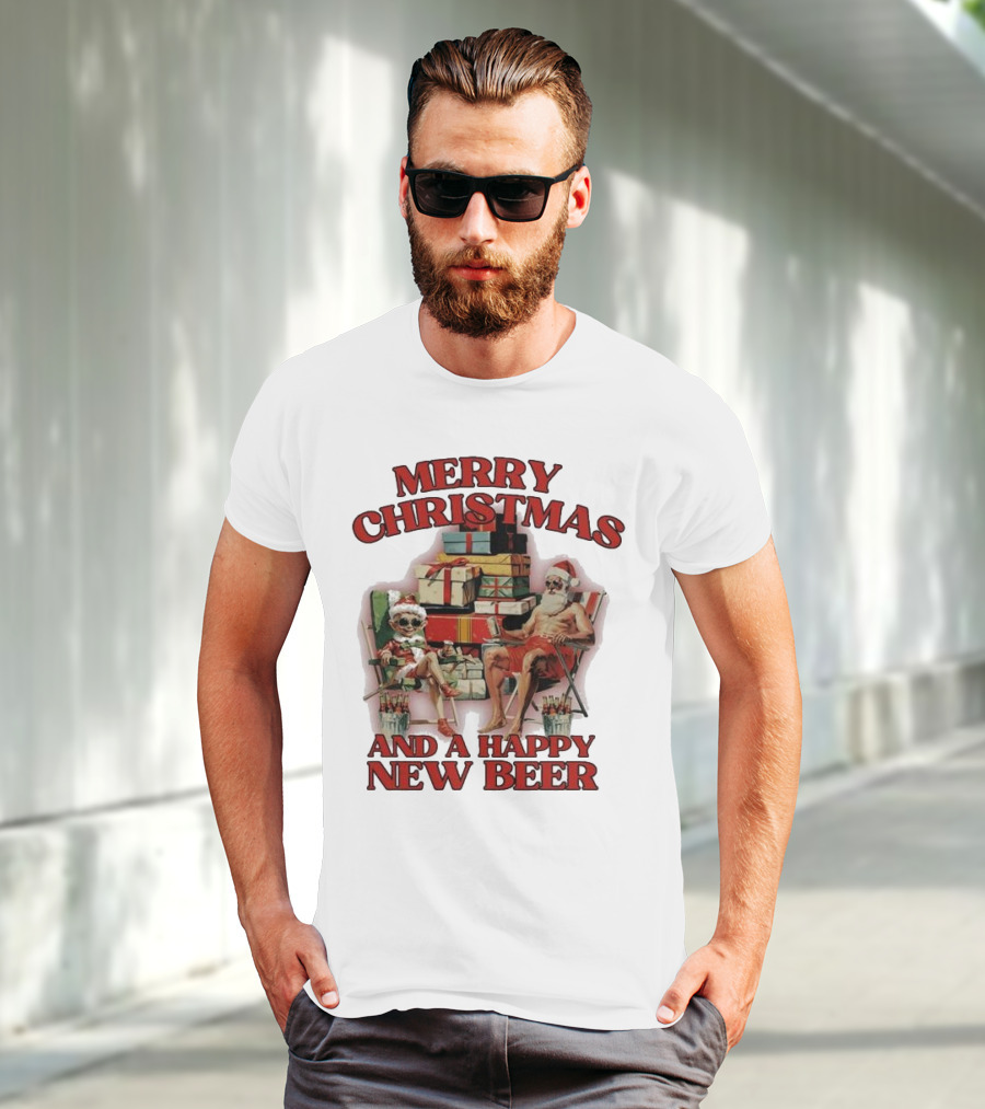 Merry Christmas And A Happy New Beer Skeleton Santa And Elf With Gifts T-Shirt
