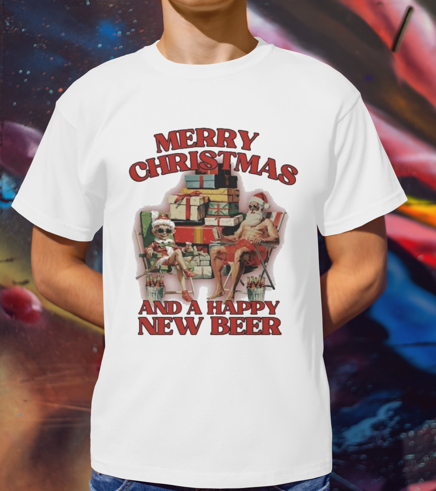 Merry Christmas And A Happy New Beer Skeleton Santa And Elf With Gifts T-Shirt