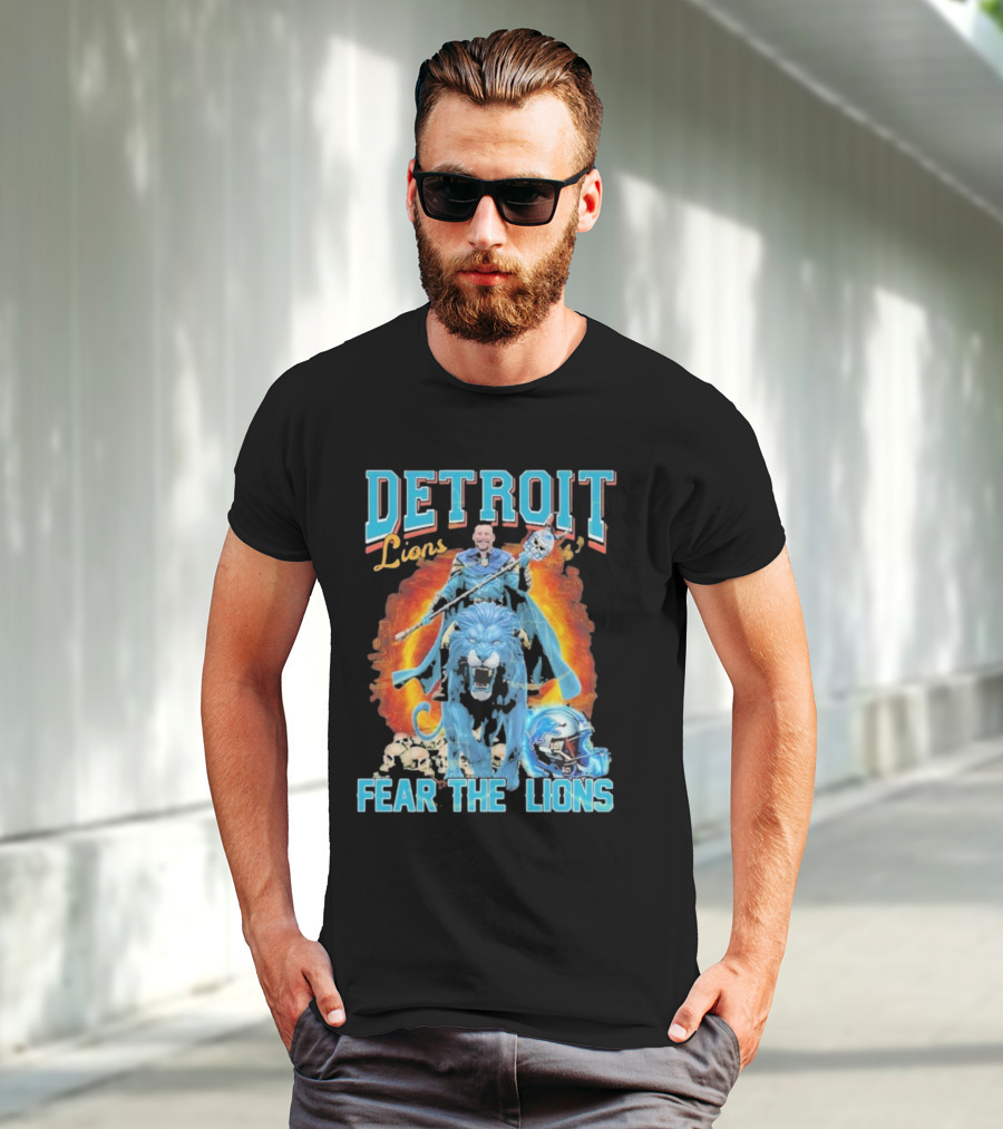 Detroit Lions Fear The Lions Blue Flame Warrior Helmets Skulls T-Shirt