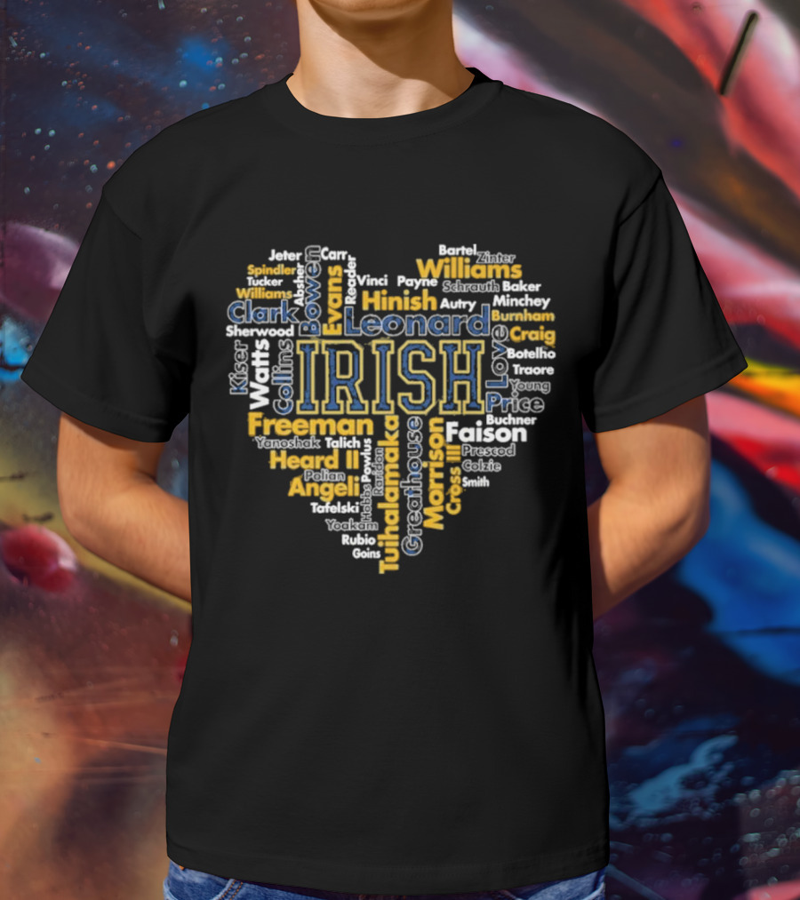 Notre Dame Fighting Irish Heart-Shaped Word Cloud Featuring Player Names For Fans And Supporters T-Shirt